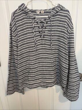 Roxy dark blue and white  Striped Lace-Up Pullover Hoodie 100%cotton boho Large